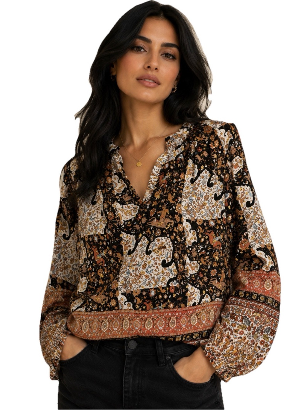 Christian Siriano New York Boho Peasant Blouse Patchwork Floral Horse Print Sm